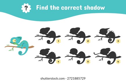 Encontre o camaleão de sombra correto. Lagarto vibrante sentado no galho da árvore. Sombras de camaleões definidas. Crianças brincam educativamente com animal de desenho animado, modelo vetorial de hoje
