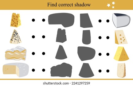 Find correct shadow for cheese. Educational game for children. Vector illustration
