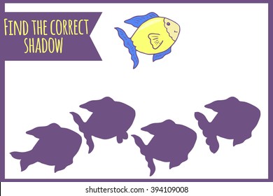 Find the correct shadow. Child activity book. Games for kids. Hand drawn fish.