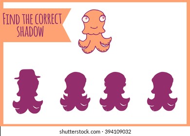 Find the correct shadow. Child activity book. Games for kids. Hand drawn octopus.