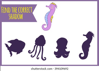 Find the correct shadow. Child activity book. Games for kids. Hand drawn seahorse.