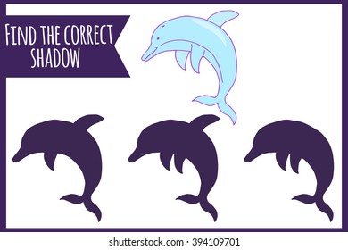 Find the correct shadow. Child activity book. Games for kids. Hand drawn dolphin.