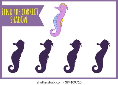 Find the correct shadow. Child activity book. Games for kids. Hand drawn seahorse.