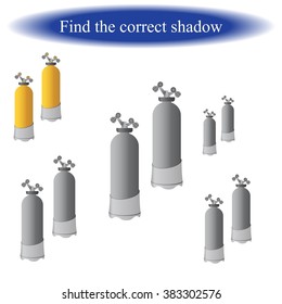 Find the correct shadow, for children. Ballons for diving. Scuba diving air tanks. Vector illustration