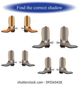 Find the correct shadow for children. Cowboy boot. Wild west. Vector illustration.