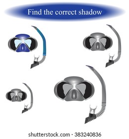Find the correct shadow, for children. Diving mask, diving tube, swimming equipment, snorkeling. Vector illustration
