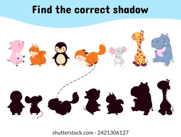 Find correct shadow. Children education game with cartoon animals. Puzzle with funny giraffe, penguin, hippo and pig. Nowaday vector template