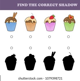 Find the correct shadow. Children educational game. Kids activity page. Muffins.