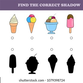 Find the correct shadow. Children educational game. Kids activity page. Ice creams.