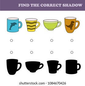 Find the correct shadow. Children educational game. Kids activity page. Cups.
