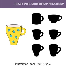 Find the correct shadow. Children educational game. Kids activity page. Cups.