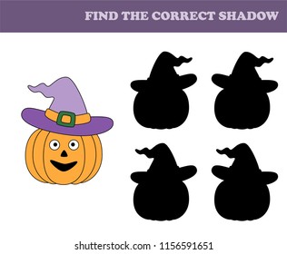 Find the correct shadow. Children educational game. Kids activity page. Halloween. Pumpkin with the witch hat.