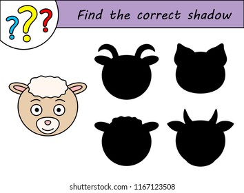 Find the correct shadow. Children educational game. Kids activity page. Sheep.