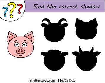 Find the correct shadow. Children educational game. Kids activity page. Pig.