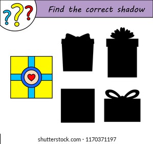 Find the correct shadow. Children educational game. Kids activity page. Gift box.