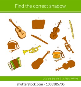 Find the correct shadow. Children educational game. Musical instruments. 