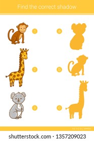 Find the correct shadow. Children educational game. Giraffe, koala, monkey. Vector illustration.