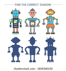 Find the correct shadow. Children educational game. Vector illustration. Robots.