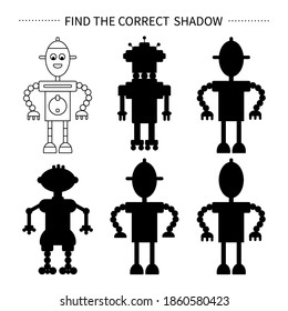 Encuentra la sombra correcta. Juego educativo infantil. Ilustración vectorial. Robots.