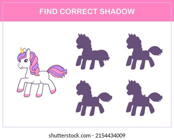 Encuentra la sombra correcta - juego educativo infantil con unicornio lindo. Ilustración del vector