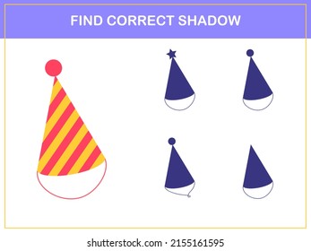Find correct shadow - children educational game with party hat. Vector illustration