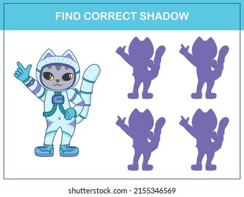 Find correct shadow - children educational game with cute  little cat astronaut. Vector illustration