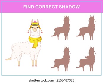 Find correct shadow - children educational game with cute llama in a hat and scarf. Vector illustration