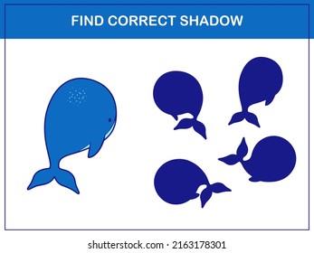 Find correct shadow - children educational game with cute whales. Vector illustration