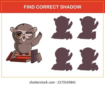 Find correct shadow - children educational game with cute owl with books. Vector illustration