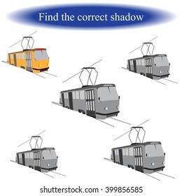 Find the correct shadow for children. Tram. Vector illustration.