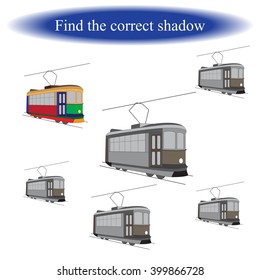  Find the correct shadow for children. Tram. Vector illustration.
