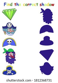 Find the correct shadow children vector game. Funny shadow matching game with pirates, hats and green brilliant. Educational preschool visual pirate printable vertically game. One of a series