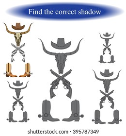  Find the correct shadow for children. Wild West. Vector illustration