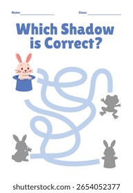 Find the correct shadow. A children's activity sheet featuring a rabbit, maze, and shadow matching game.