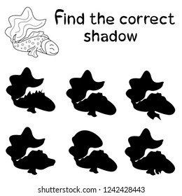 Find the correct shadow, children`s educational game, silhouette of cute fish