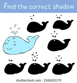 Find the correct shadow, children`s educational game, silhouette of whale