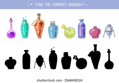 Find the correct shadow. Childrens educational fun. Find right black silhouette for bottles. Cartoon various magical potions, poisons and antidotes. Vector template for preschool games.