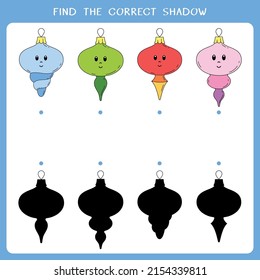 Find the correct shadow for Christmas baubles. Vector worksheet of simple educational game for kids