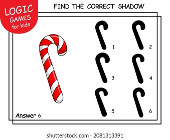 Encuentra la sombra correcta de los dulces de Navidad. Caricatura educada de postre de Año Nuevo. Juego educativo de correspondencia para niños con dulces de chile. Tarea con respuesta. Hojas de cálculo lógicas para el aprendizaje de la escuela infantil.