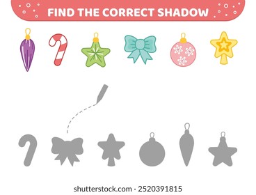 Find the correct shadow. Christmas decorations. Shadow matching game. Cartoon. Isolated vector illustration eps 10