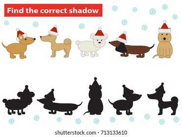 Find the correct shadow of Christmas dogs, for preschool and school kids. Vector illustration.