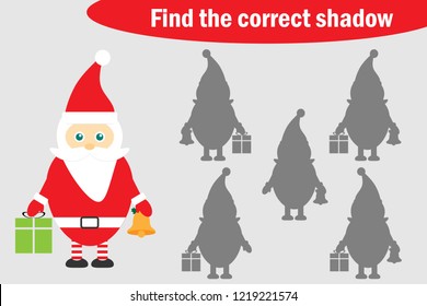 Encuentra la sombra correcta, el juego de Navidad para los niños, el dibujo animado santa claus, el juego de educación para los niños, la actividad de la hoja de cálculo preescolar, la tarea para el desarrollo del pensamiento lógico, la ilustración vectorial