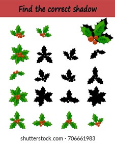 Find the correct shadow. Christmas game. Holly