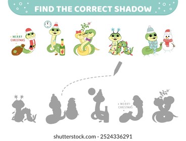 Encuentra la sombra correcta. Navidades con serpiente. Sombra juego a juego. Caricatura. Ilustración vectorial aislada eps 10
