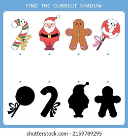 Find the correct shadow for Christmas symbols. Vector worksheet of simple educational game for kids