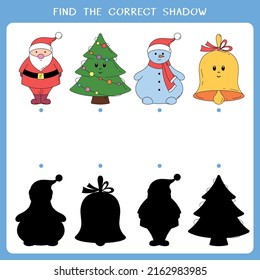 Find the correct shadow for Christmas symbols. Vector worksheet of simple educational game for kids