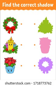  Encuentre la sombra correcta. Tema de Navidad. Hoja de trabajo de desarrollo de la educación. Juego de juego para niños. Página de actividad de color. Rompecabezas para los niños. Carácter lindo. Ilustración vectorial. Estilo de caricatura.