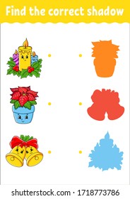 Find the correct shadow. Christmas theme. Education developing worksheet. Matching game for kids. Color activity page. Puzzle for children. Cute character. Vector illustration. Cartoon style.