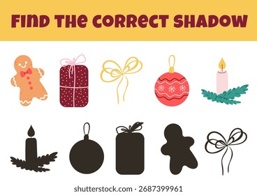 Find the correct shadow. Christmas Time Worksheet. Educational logical game for kids. New Year. Vector illustrations