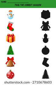 Finden Sie den richtigen Schatten. Arbeitsblatt Weihnachtszeit Lernlogisches Spiel für Kinder, Kindergarten. Neujahr. Vektorgrafiken